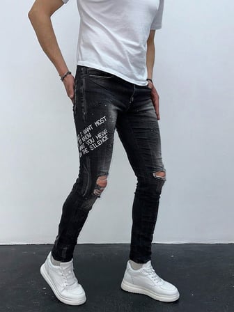Erkek Füme Yazı Baskılı Yırtık Detay Slim Fit Skinny Jean Pantolon