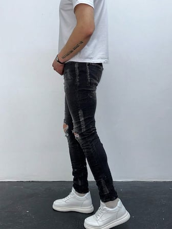Erkek Füme Yazı Baskılı Yırtık Detay Slim Fit Skinny Jean Pantolon
