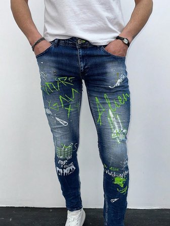 Erkek Mavi Graffiti Baskılı Slim Fit Likralı Skinny Jean Pantolon