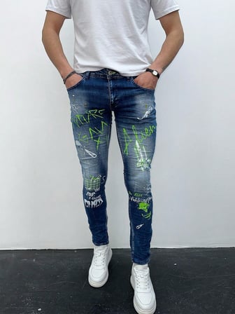 Erkek Mavi Graffiti Baskılı Slim Fit Likralı Skinny Jean Pantolon