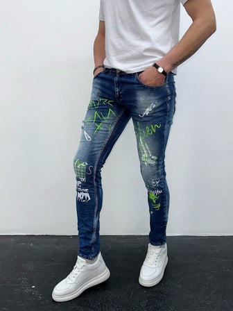 Erkek Mavi Graffiti Baskılı Slim Fit Likralı Skinny Jean Pantolon