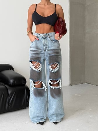 Kadın Yırtık Detaylı Wide Leg Jean Pantolon – Füme Yıkamalı Denim