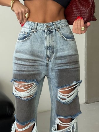 Kadın Yırtık Detaylı Wide Leg Jean Pantolon – Füme Yıkamalı Denim