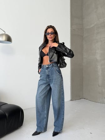 HerTon Kadın Gri Füme Geniş Paça %100 Pamuk Jean Pantolon - Yüksek Bel Salaş Denim