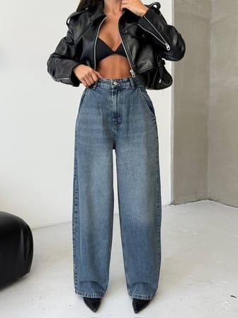 HerTon Kadın Gri Füme Geniş Paça %100 Pamuk Jean Pantolon - Yüksek Bel Salaş Denim