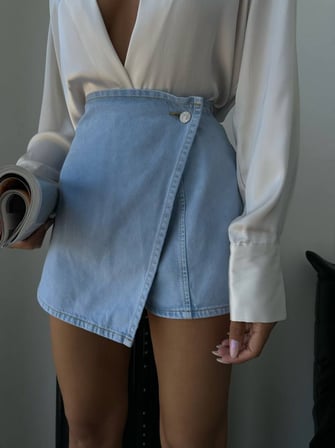 Herton Kadın Mavi Çiçek Desenli %100 Pamuk Denim Şort-Etek - Asimetrik Kesim Vintage Skort