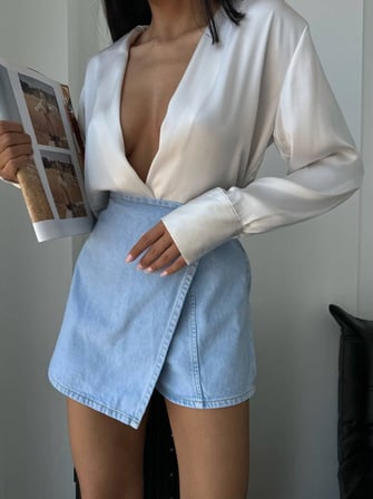 Herton Kadın Mavi Çiçek Desenli %100 Pamuk Denim Şort-Etek - Asimetrik Kesim Vintage Skort