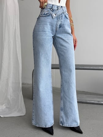 Kadın  Yıkamalı Çapraz Kemer Detaylı Wide Leg Jean Pantolon