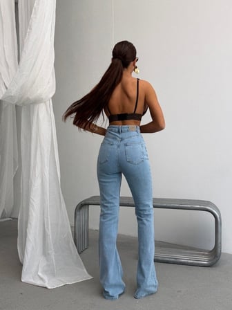 Kadın Açık Mavi Yüksek Bel İspanyol Paça Jean Pantolon – Fit Kesim Flare Denim