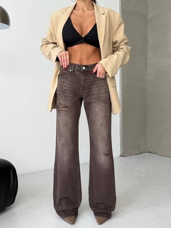 Kadın Yüksek Bel Wide Leg Jean Pantolon %100 Pamuk