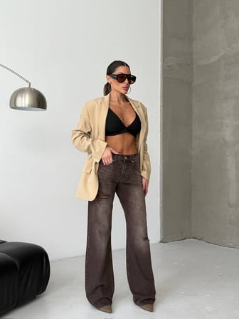Kadın Yüksek Bel Wide Leg Jean Pantolon %100 Pamuk
