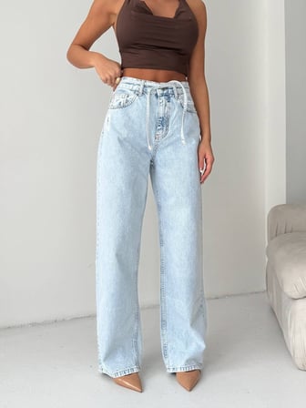 Yüksek Bel Arka Yırtıklı Wide Leg Denim Pantolon