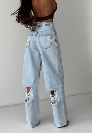 Yüksek Bel Arka Yırtıklı Wide Leg Denim Pantolon