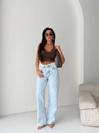 Yüksek Bel Arka Yırtıklı Wide Leg Denim Pantolon