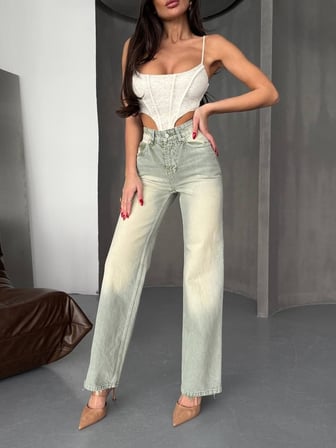 Kadın Yüksek Bel Geniş Paça Burgonya Denim Pantolon