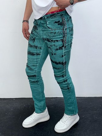 Erkek Yeşil Batik Efektli Slim Fit Likralı Jean Pantolon