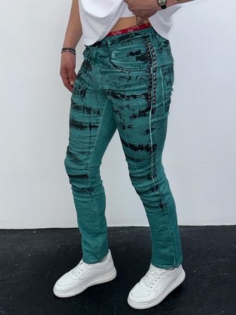 Erkek Yeşil Batik Efektli Slim Fit Likralı Jean Pantolon