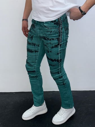 Erkek Yeşil Batik Efektli Slim Fit Likralı Jean Pantolon