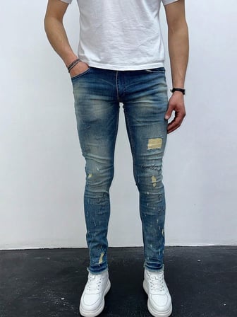 Erkek Açık Mavi Yıpratma Detay Slim Fit Likralı Skinny Jean Pantolon