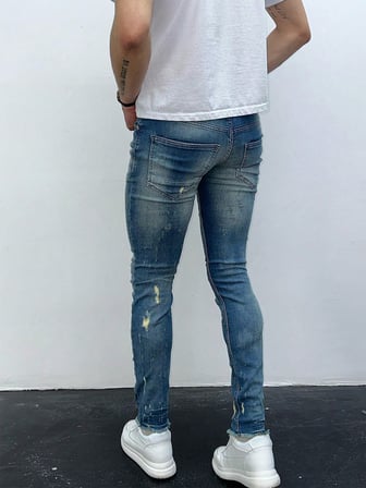 Erkek Açık Mavi Yıpratma Detay Slim Fit Likralı Skinny Jean Pantolon