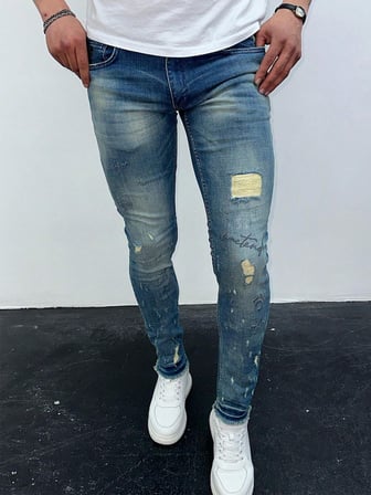 Erkek Açık Mavi Yıpratma Detay Slim Fit Likralı Skinny Jean Pantolon