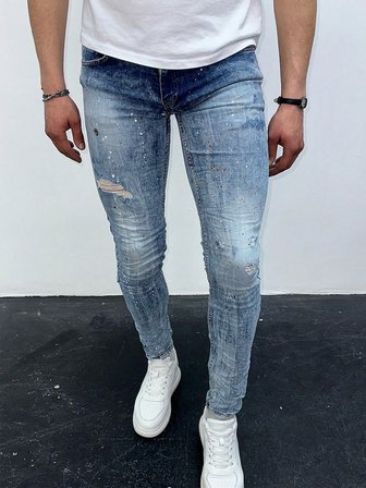 Erkek Açık Mavi Boya Sıçratmalı Yırtık Detay Slim Fit Skinny Jean Pantolon