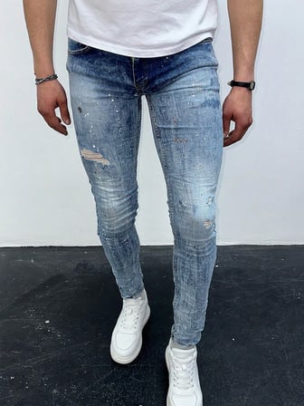 Erkek Açık Mavi Boya Sıçratmalı Yırtık Detay Slim Fit Skinny Jean Pantolon