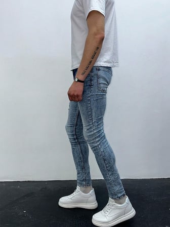 Erkek Açık Mavi Boya Sıçratmalı Yırtık Detay Slim Fit Skinny Jean Pantolon