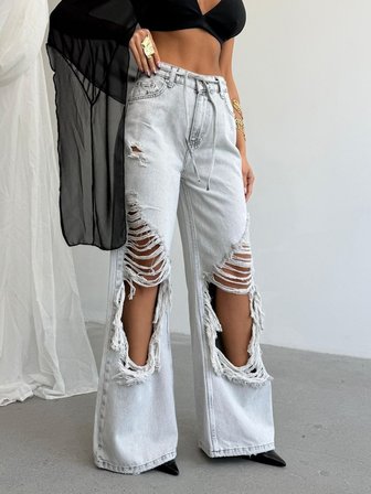 HerTon Kadın Bol Paça Wide Leg Jean - %100 Pamuk Yırtık Detaylı Pantolon