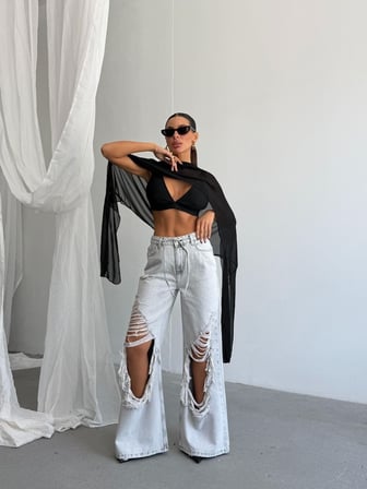 HerTon Kadın Bol Paça Wide Leg Jean - %100 Pamuk Yırtık Detaylı Pantolon