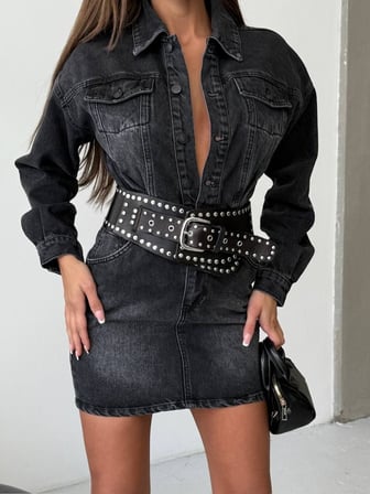HerTon Kadın Denim Elbise - %100 Pamuklu Kontrast Dikişli Jean Elbise