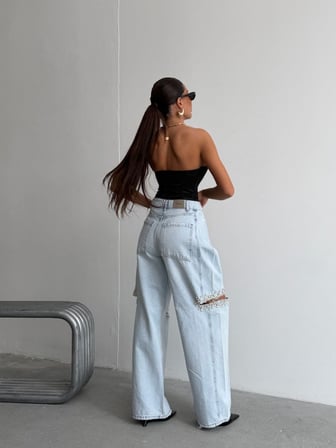 Kadın Taş İşlemeli Yırtık Detay Wide Leg Jean Pantolon