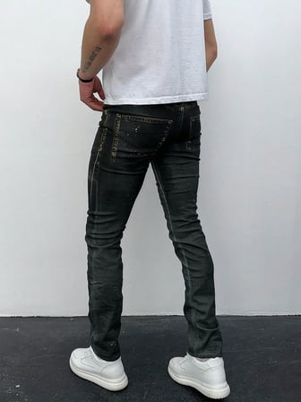 Erkek Siyah Slim Fit Yıpratılmış ve Boya Detaylı Denim Pantolon – Sokak Stili, Rahat Kesim