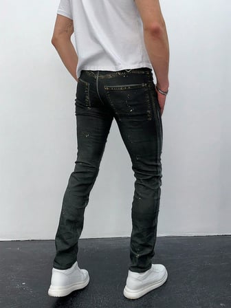 Erkek Siyah Slim Fit Yıpratılmış ve Boya Detaylı Denim Pantolon – Sokak Stili, Rahat Kesim