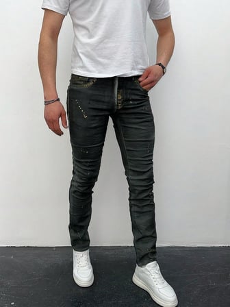 Erkek Siyah Slim Fit Yıpratılmış ve Boya Detaylı Denim Pantolon – Sokak Stili, Rahat Kesim