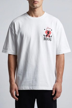 Erkek Haki Boks Temalı Grafik Baskılı Salaş T-shirt
