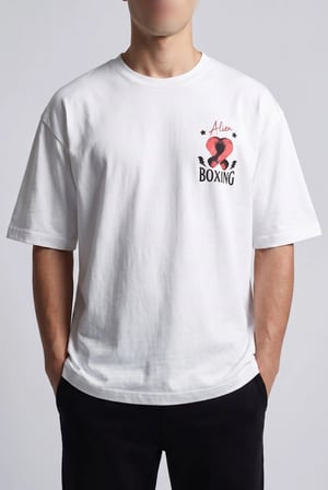 Erkek Haki Boks Temalı Grafik Baskılı Salaş T-shirt