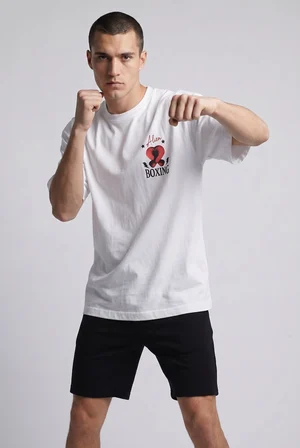 Erkek Haki Boks Temalı Grafik Baskılı Salaş T-shirt
