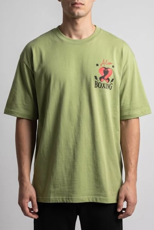 Erkek Haki Boks Temalı Grafik Baskılı Salaş T-shirt