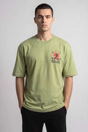 Erkek Haki Boks Temalı Grafik Baskılı Salaş T-shirt