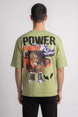 Erkek Haki Boks Temalı Grafik Baskılı Salaş T-shirt