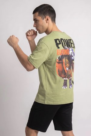 Erkek Haki Boks Temalı Grafik Baskılı Salaş T-shirt