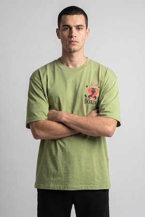 Erkek Haki Boks Temalı Grafik Baskılı Salaş T-shirt