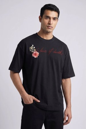 Erkek "No Fear Of Death" Yazılı Grafik Baskılı Salaş T-shirt