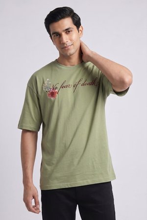 Erkek "No Fear Of Death" Yazılı Grafik Baskılı Salaş T-shirt