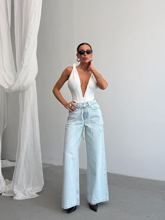 Kadın Yıkamalı Wide Leg Jean Pantolon – Bol Paça Denim