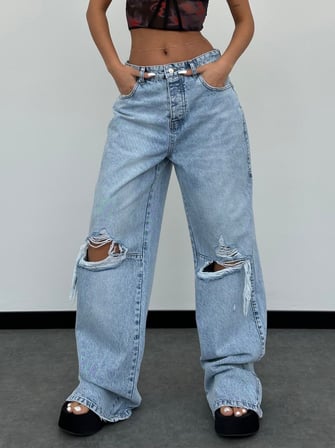 Bağlama Detaylı Yüksek Bel Bol Paça Açık Denim Jean