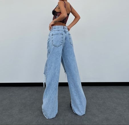 Bağlama Detaylı Yüksek Bel Bol Paça Açık Denim Jean