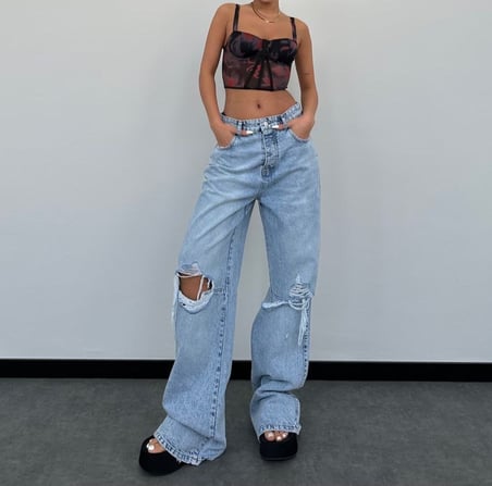 Bağlama Detaylı Yüksek Bel Bol Paça Açık Denim Jean