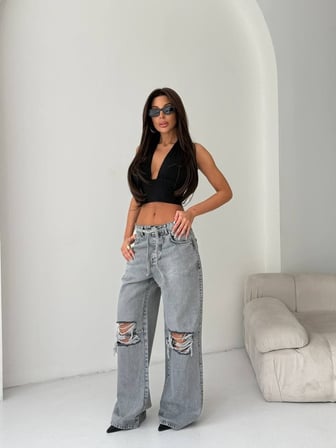 Bağlama Detaylı Yüksek Bel Bol Paça Açık Denim Jean